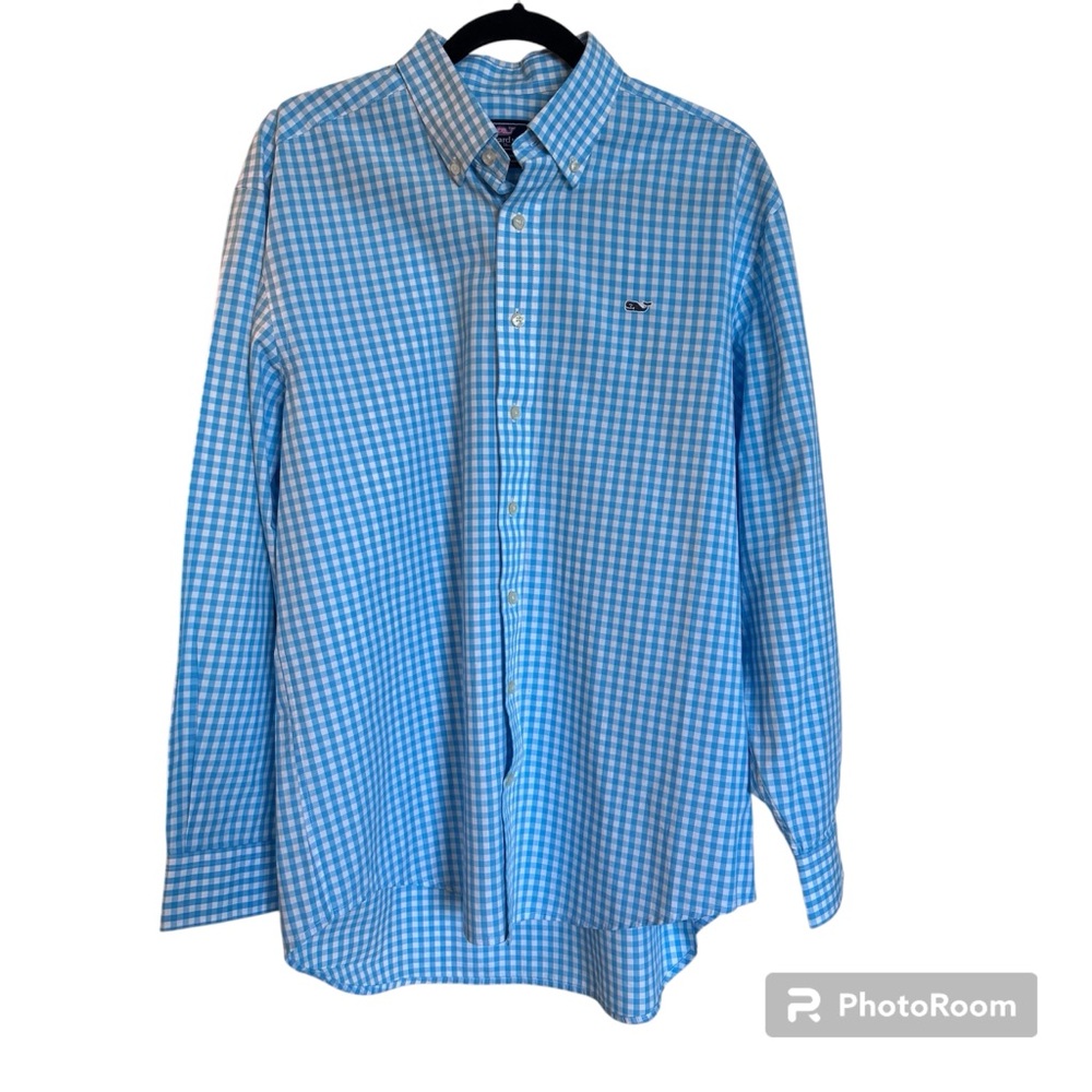 Vineyard Vines Men’s Button Down Whale Shirt Size Med Cotton Blue Gingham